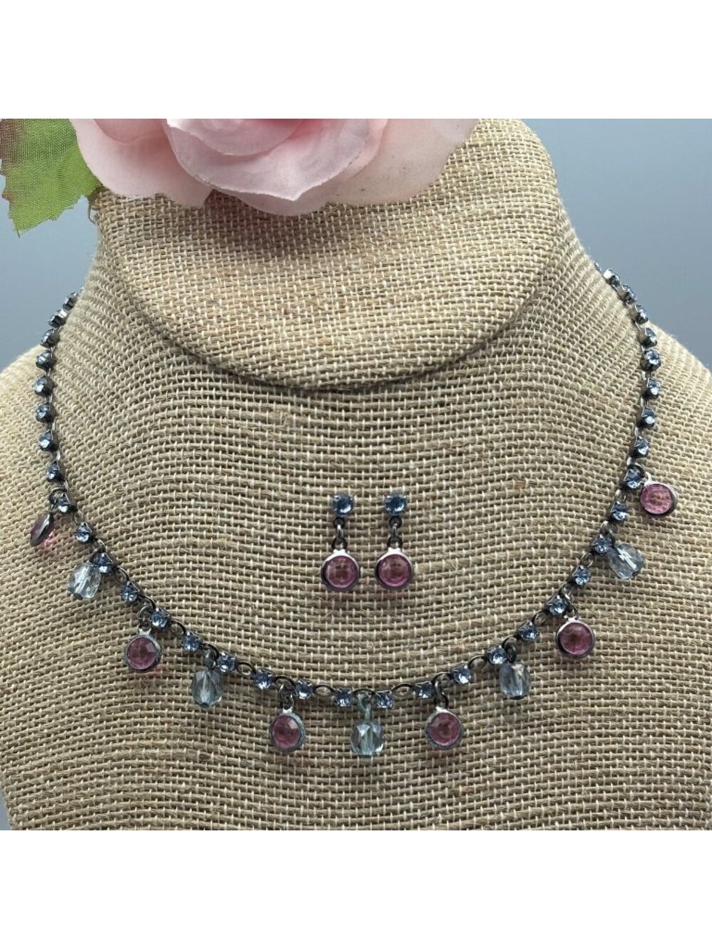Gunmetal Fairy Core Bezel Crystal Necklace & Earrings Set Pink Blue Dainty CUTE